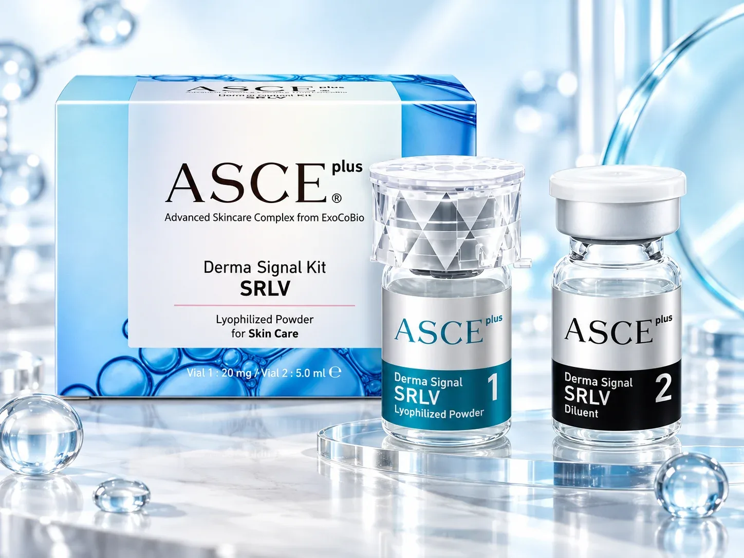 ASCE+ SRLV Exosome Skin Booster by ExoCoBio Korea, 20mg lyophilized powder and 5ml activating solution